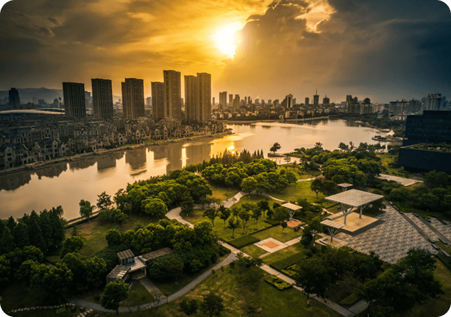 City skyline at sunset