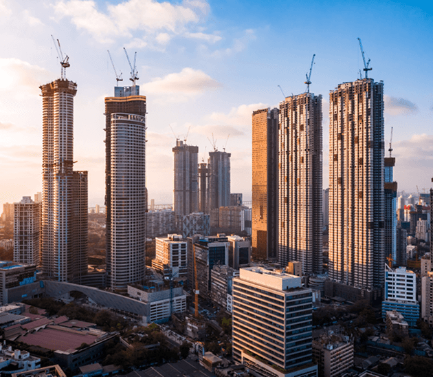 City skyline with towers at golden hour